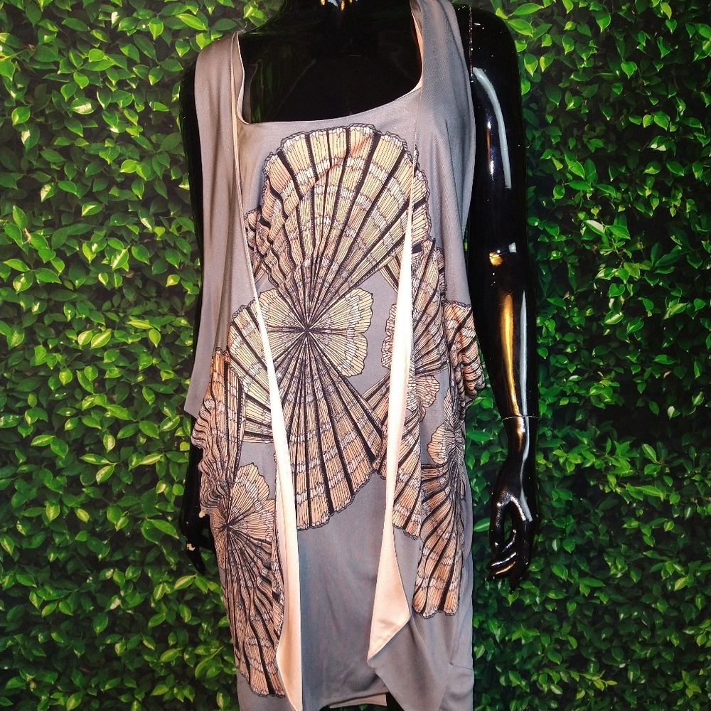 Gorgeous Gray Peach & black Silk knit dress w attached vest. Very Elegant